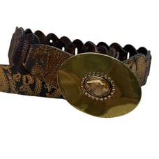 Chicos belt metallic paisley print buckle gold embossing on brown leather L -XL