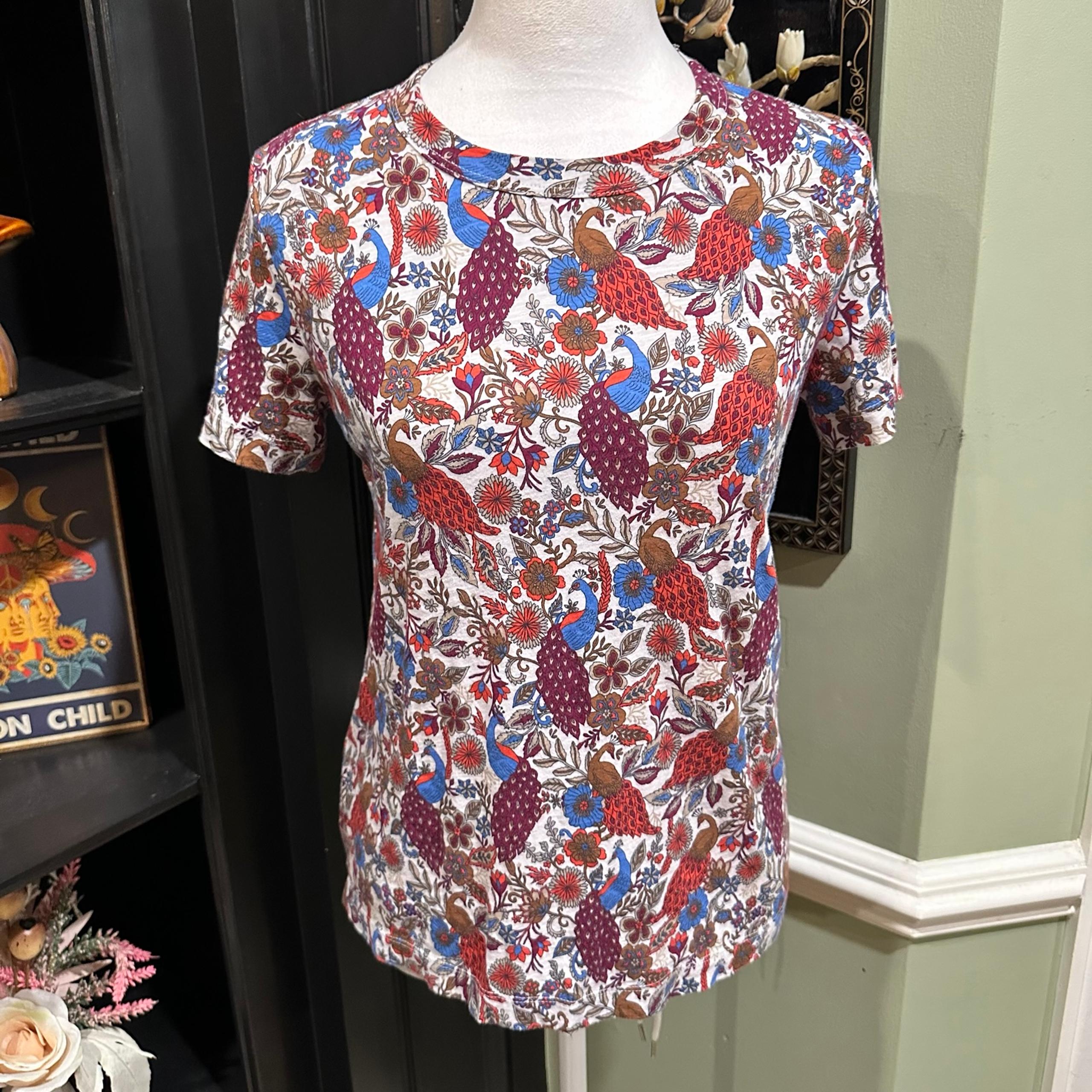 LOFT Boho Peacock Print T-Shirt Size Small