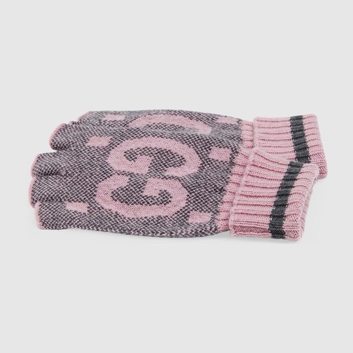 NWT Gucci Cashmere Gloves Pink Grey GG Fingerless Size L 100% Authentic