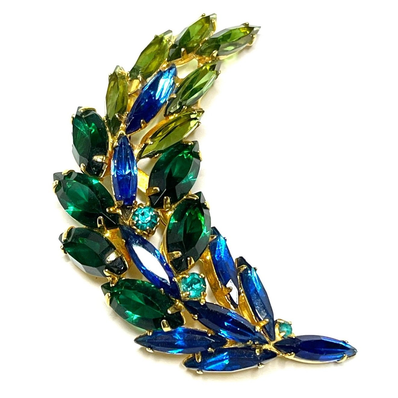 Vintage Brooch Emerald Green Blue Rhinestone Vtg Estate Costume Jewelry JA091