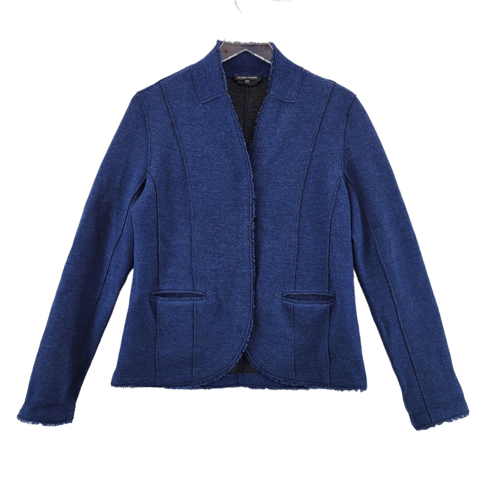 Eileen Fisher Felted Merino Wool Double Knit Jacket Size Small Blue Fringe Hem