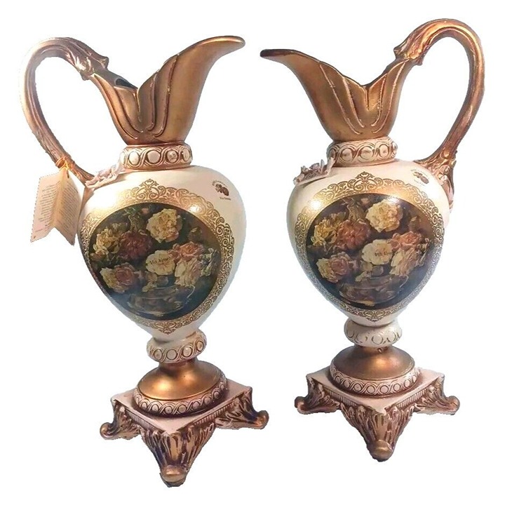 Capodimonte 16 Gold & Cream Pedestal Vases Pitcher Ewers With Roses Set Of 2