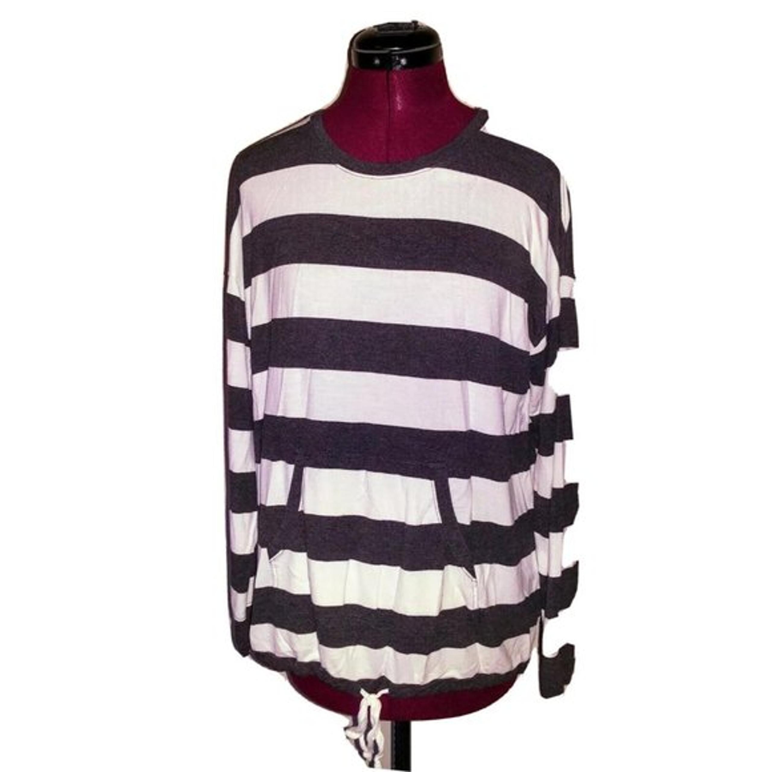 Kensie Womens Top Size Medium Black White Knit Stripe Kangaroo Pocket