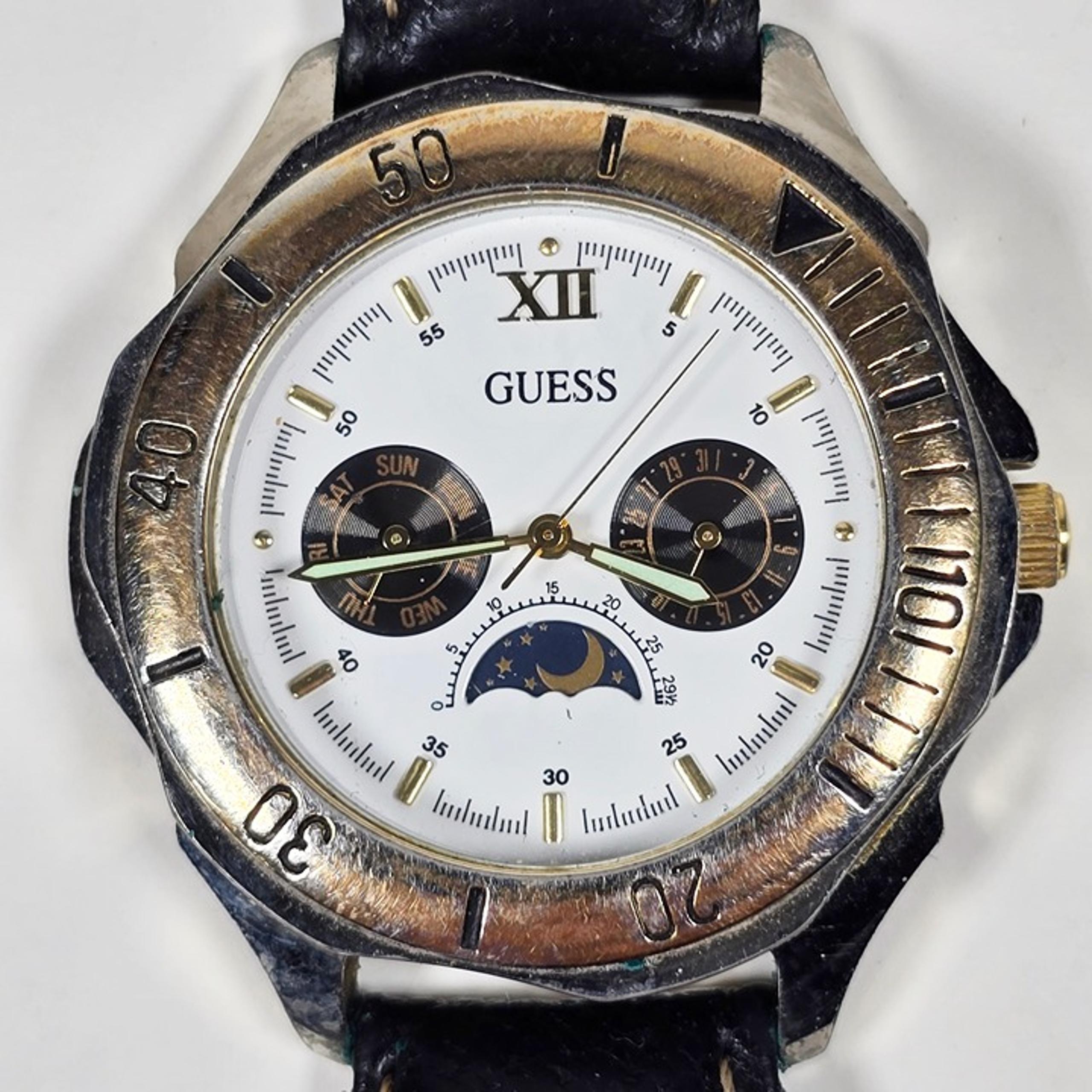 Vintage Guess Quartz Watch Men Moon Phase Dual Tone Rotating Bezel w/ CD Manual