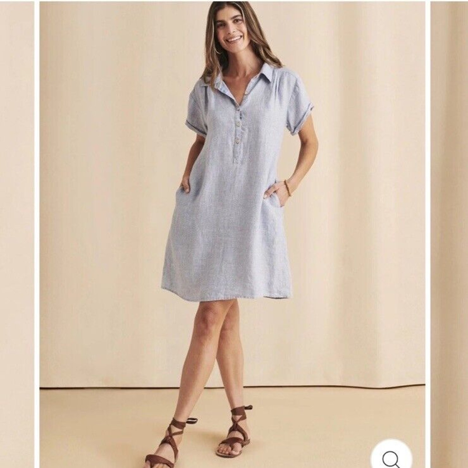 Faherty Hana 100% Linen Shirt Dress Blue Basket Weave Button Collared Size XS