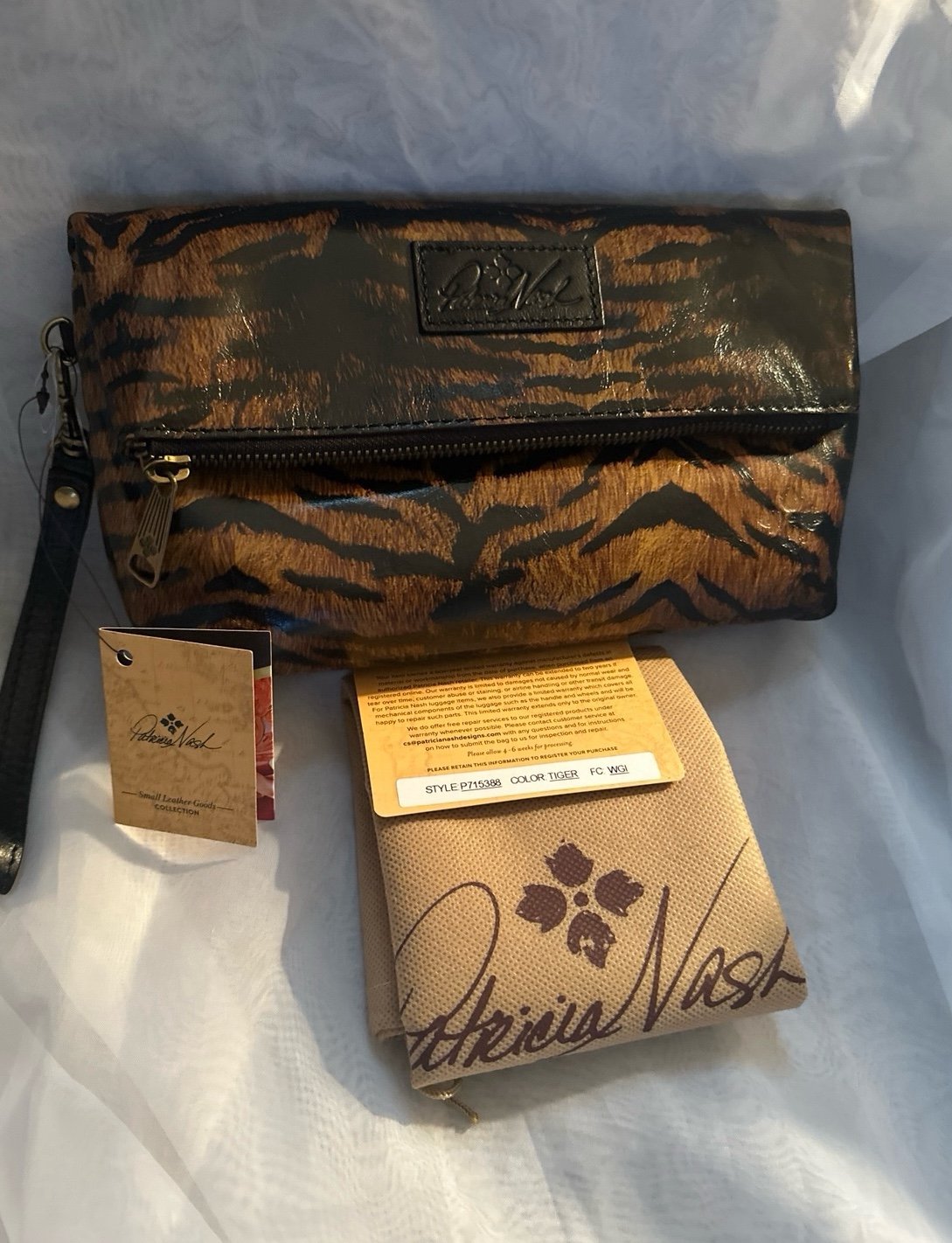 PATRICIA NASH TIGER PRINT WRISTLET/CLUTCH BAG BLACK SZ MEDIUM + DUST BAG