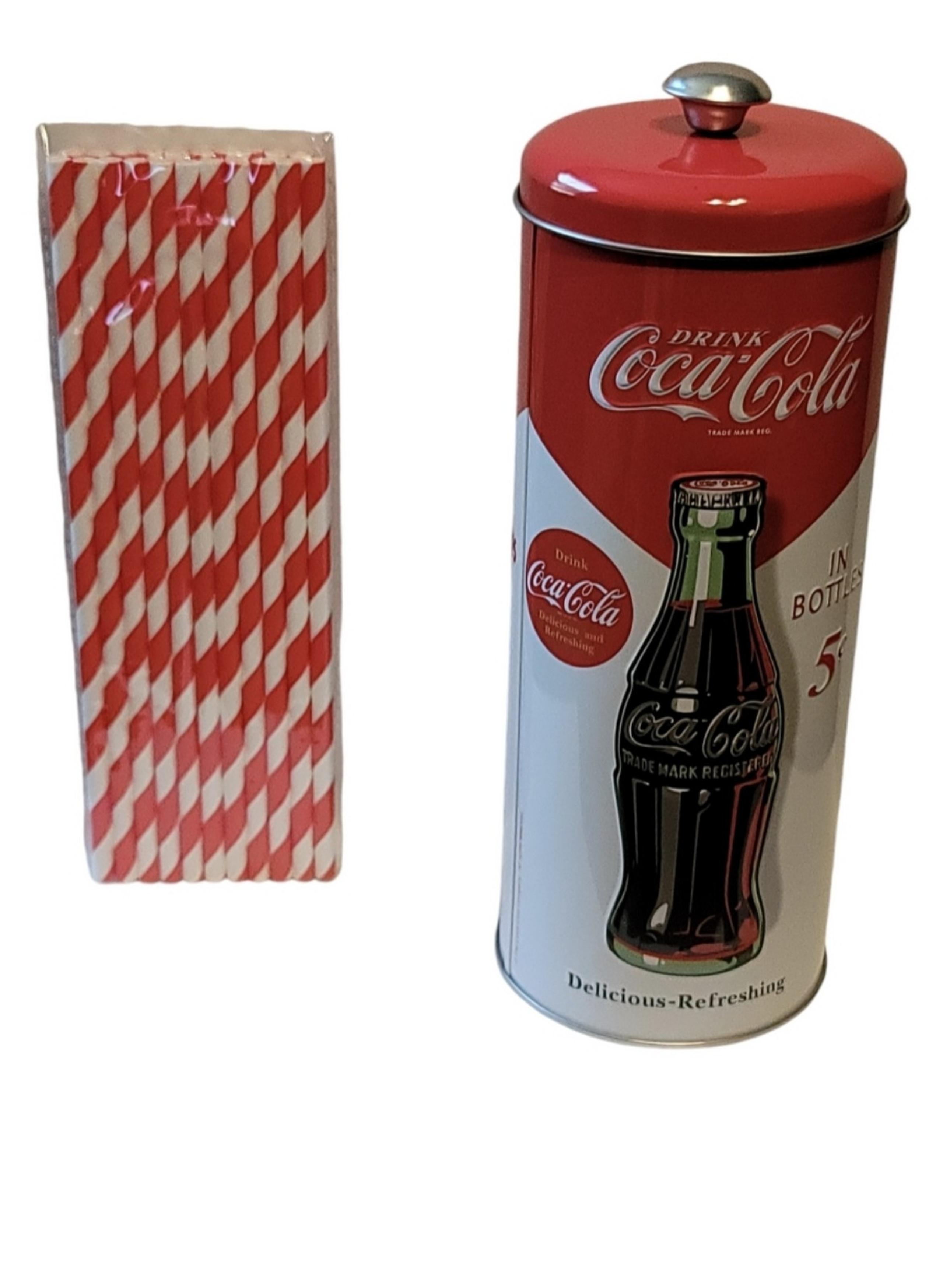 Coca Cola Straw Holder Tin with 20 Paper Straws Coca Cola