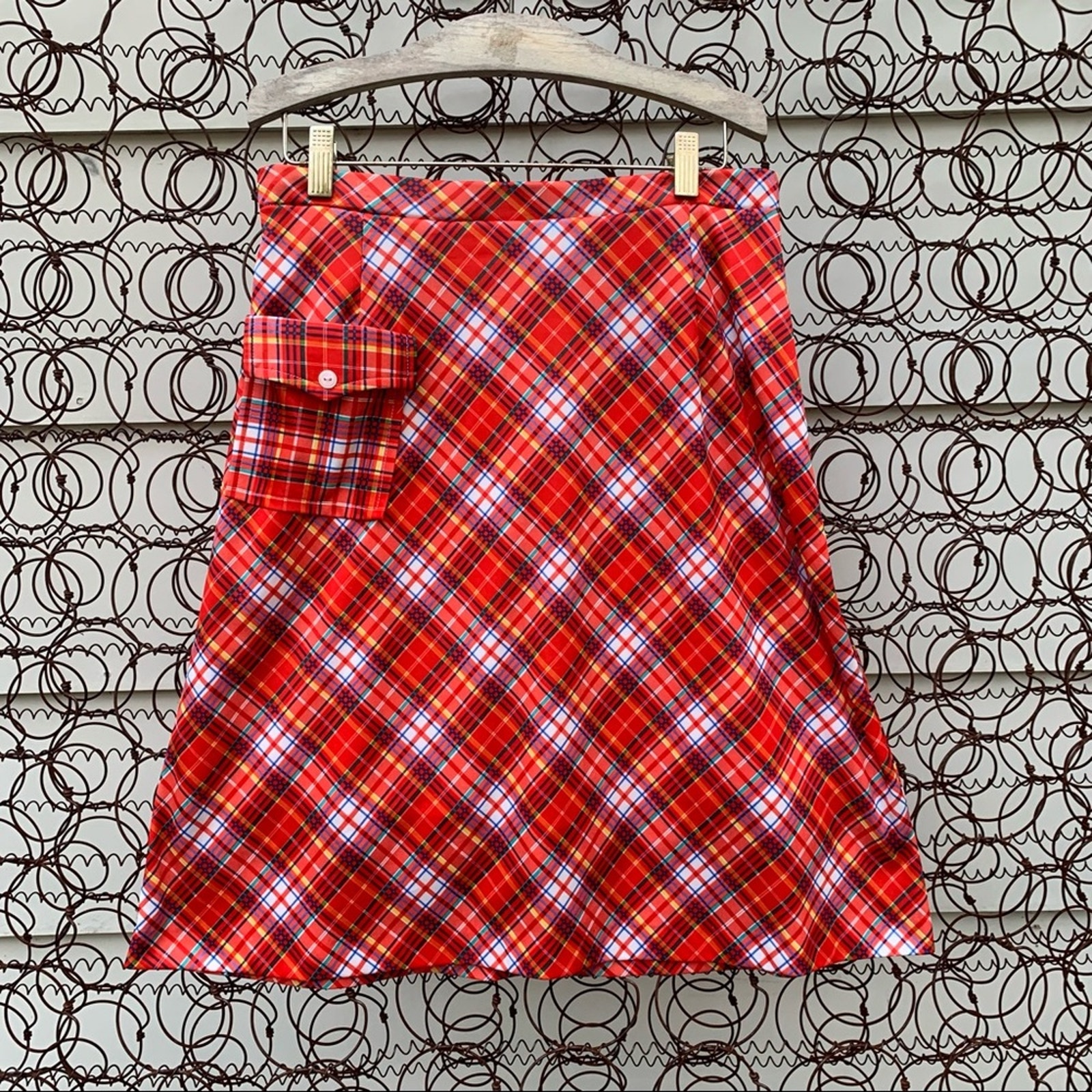 Vintage 80s red orange plaid skort skirt polyester