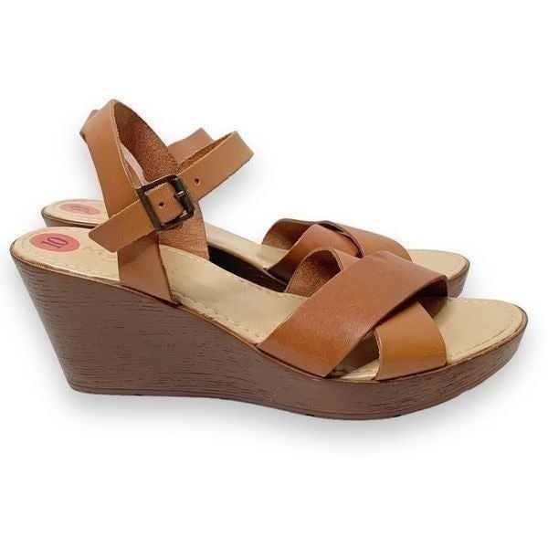 Mariella Women’s Leather Ankle Strap Wooden Wedge Cross Straps Tan Sandal Sz 10M