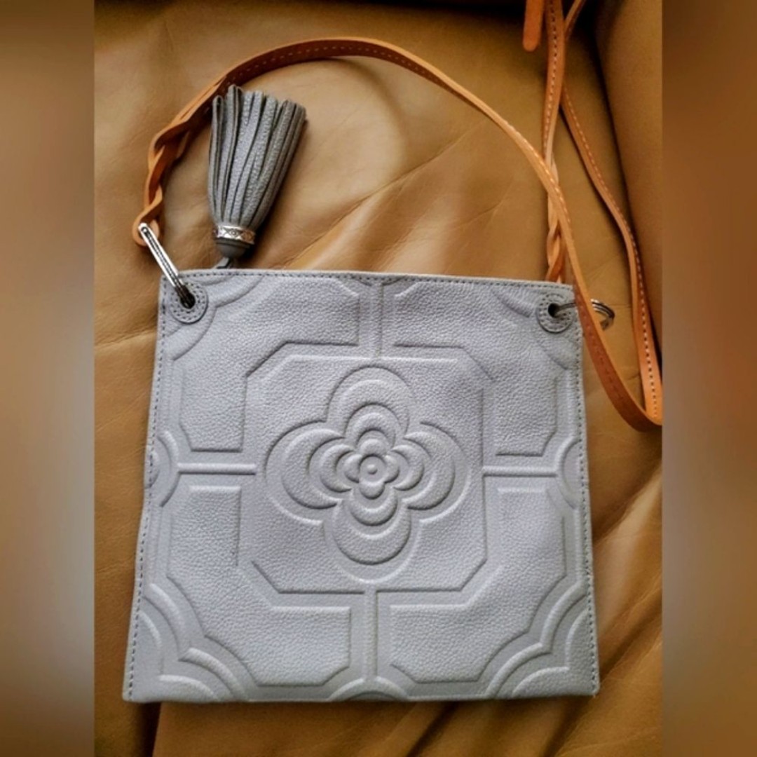 Brighton Piper Leather tassel Crossbody bag gray