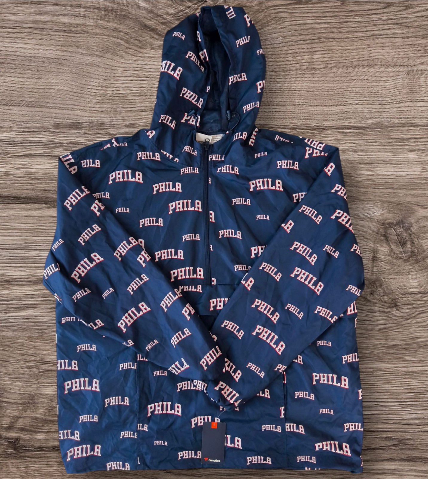 NWT Fanatics Men’s Philadelphia 76ers All-Over Print Anorak Half-Zip Jacket - XL