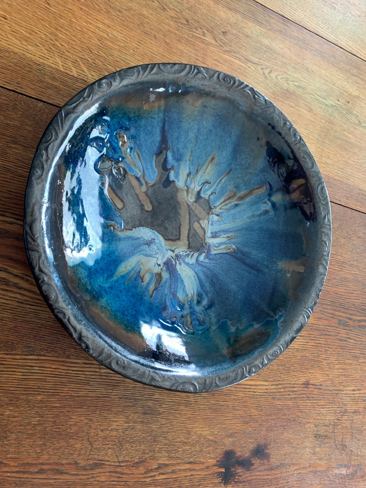 Handmade clay pottery serving bowl/platter in blue tones