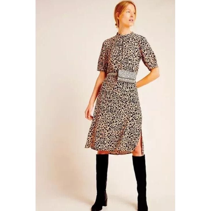 Anthropologie Mackenzie Mock Neck Tunic Dress Sz XS Leopard Print Midi Chic