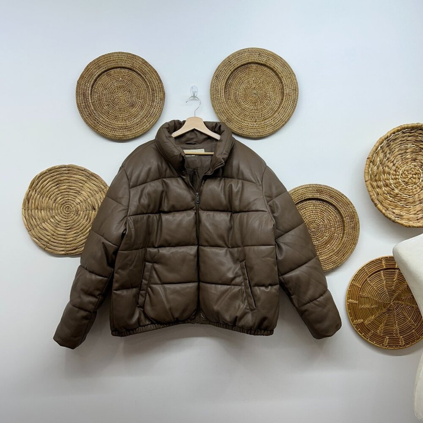 Sebby Collection Brown Zip Up Faux Leather Puffer Winter Coat Plus Size 2X