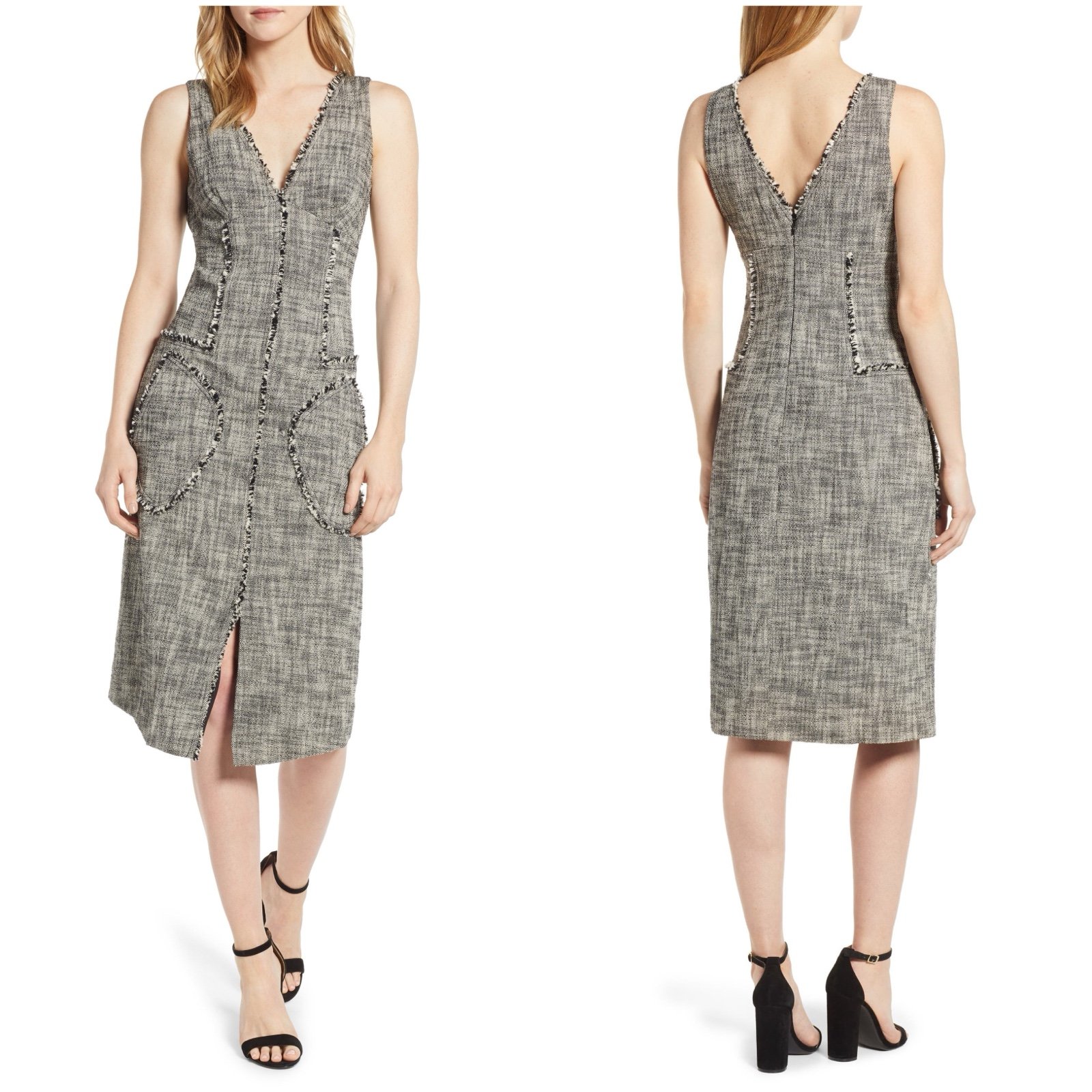 Rachel Roy Collection Raw Edge MIDI Tweed Dress Black White Size 0