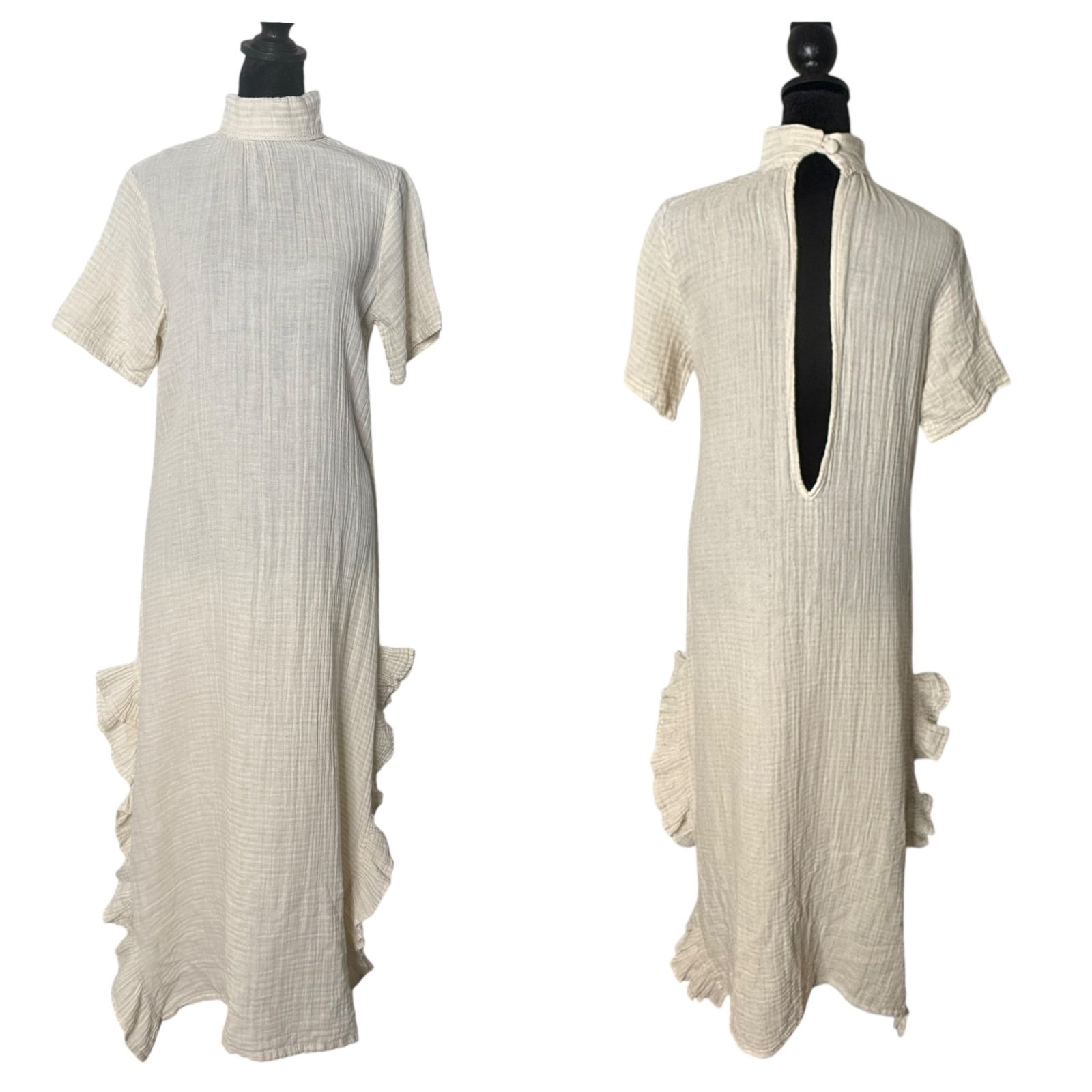 ANZA Organic Gauze Cotton Beach Dress Womens S Ruffles Open Back Cover Up BOHO