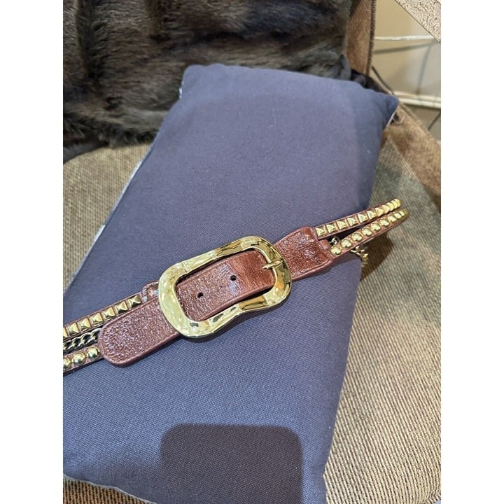 Leatherock Brown Leather Belt Hammered Gold 3 Sections Studs Drape Sz L 36 USA