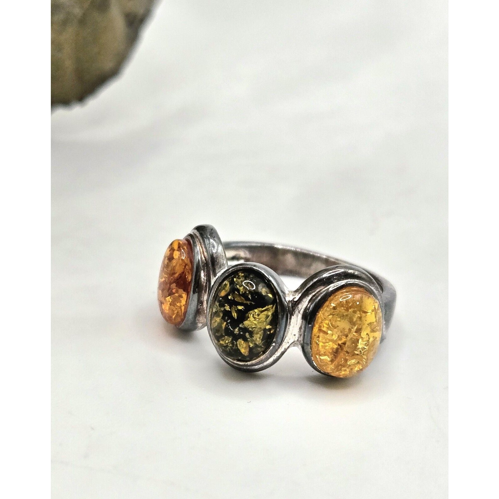 Vintage Sterling Silver Tri Color Baltic Amber Three Stone Ring Size 5.75