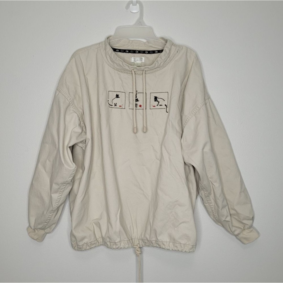Vintage cat lady embroidered drawstring pull over jacket sweatshirt size large