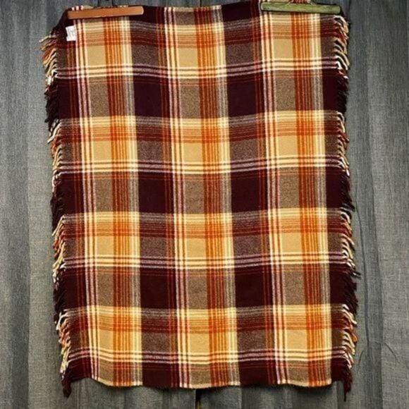 Vintage Faribault Plaid Throw Blanket Brown Orange Fringe Cabin Decor