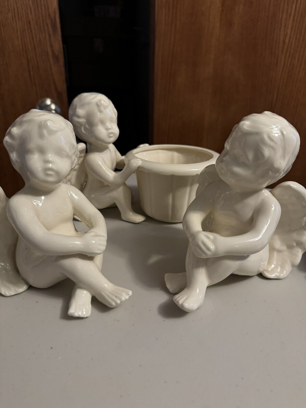 GLAZED CERAMIC CHERUB ANGEL SET 3 Figurines Planter Vintage