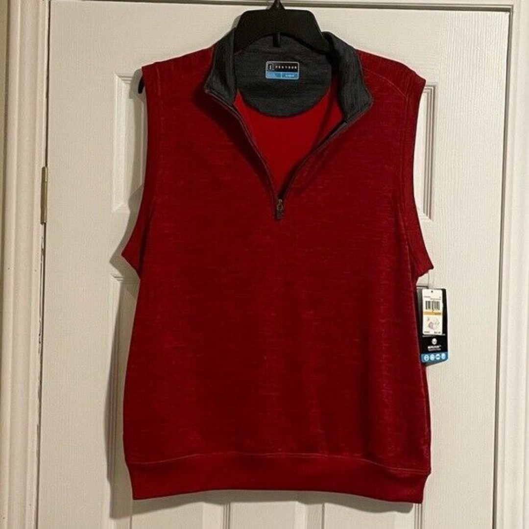 NWT PGA Tour Golf Vest Dark Red Heather Quarter Zip Motionflux S