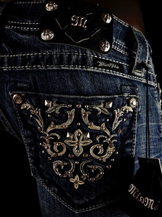 $108 Buckle Miss Me Jeans "Holiday Leather Inserts" Boot 30 X 34