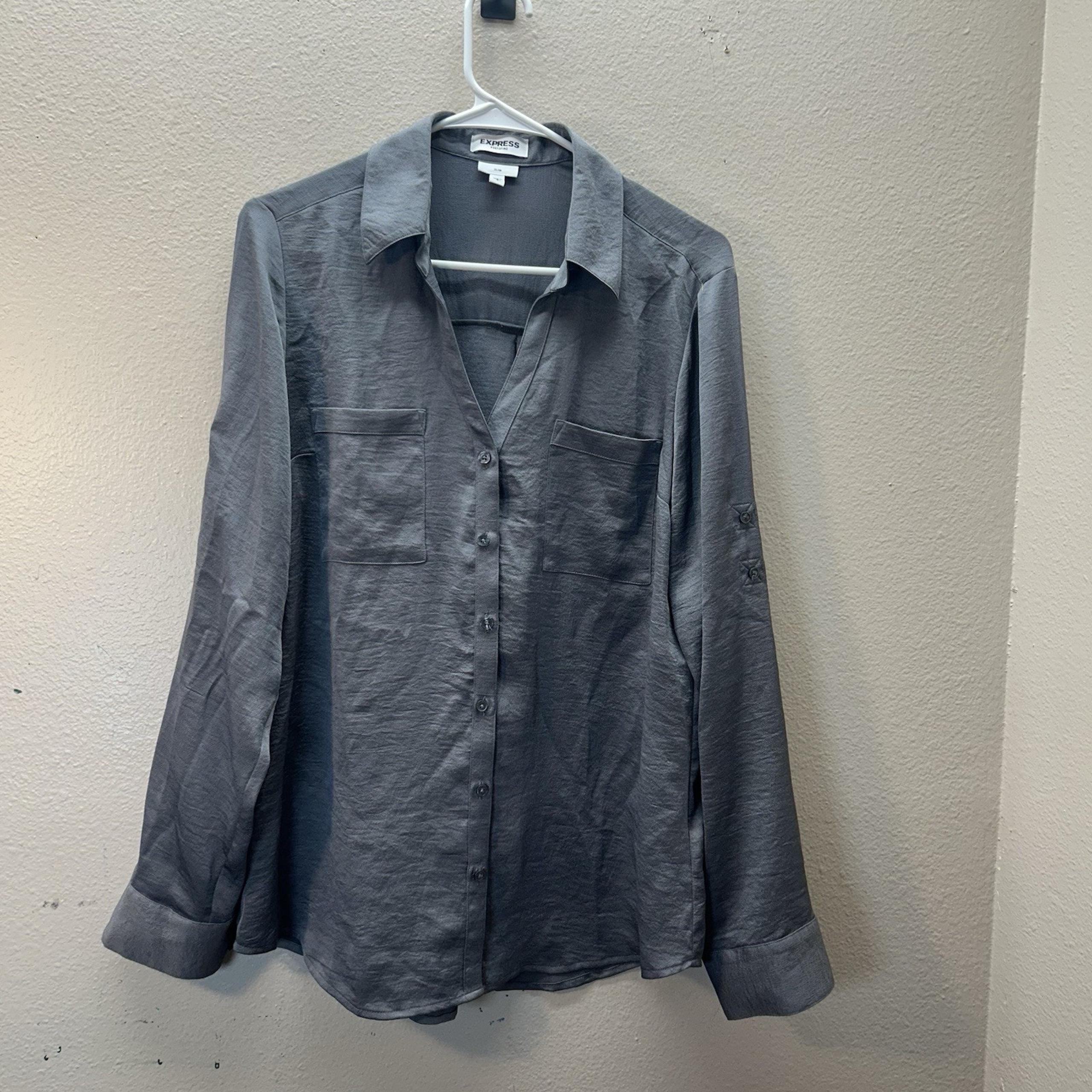Express Portofino Slim Fit Top Business Casual Button Up Minimalist Gray SZ L