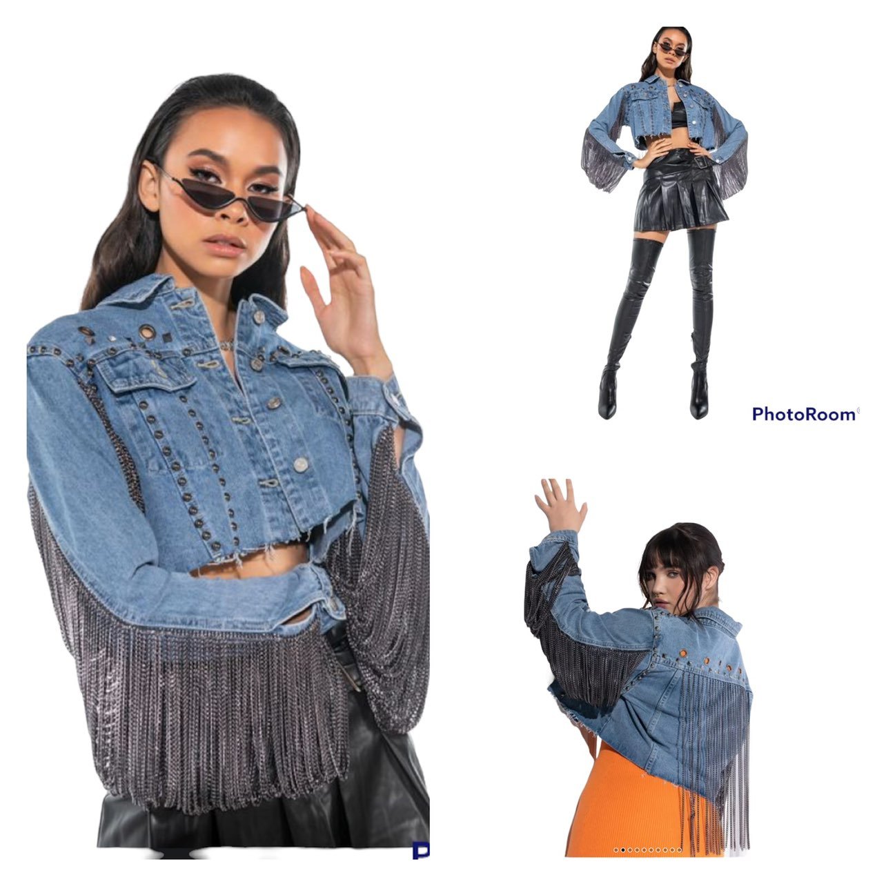 AZALEA WANG Milli Chain Cropped Denim Jacket Size Medium Blogger Favorite