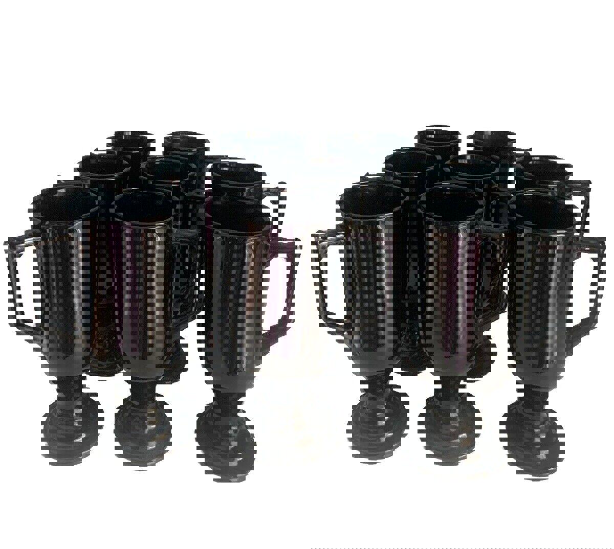 8 Vintage Black Amethyst Glass Footed Mugs Irish Coffee Cappuccino Tea Cups MCM