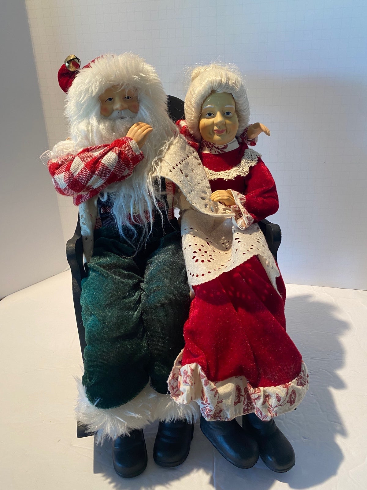 Vtg Santa and Mrs Claus sitting on wood rocker