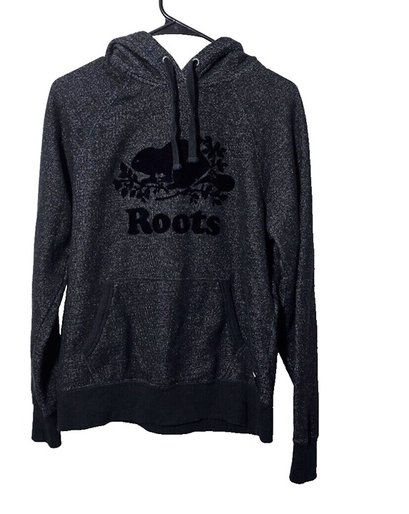 Roots Canada Women Hoodie Medium Heathered Gray Black Logo Velvet Casual Stretch