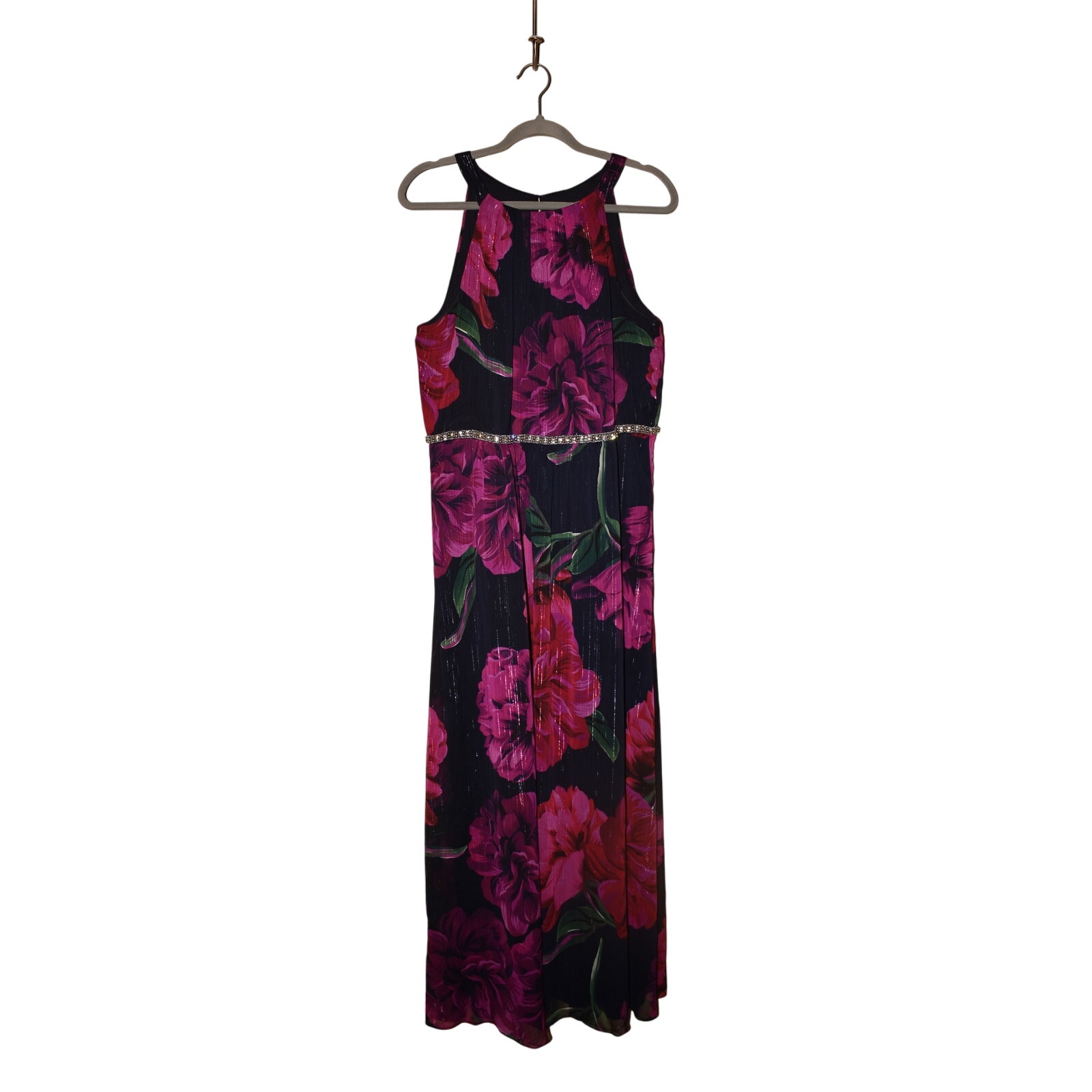 SL FASHIONS NY 149 Floral Sleeveless Chiffon Maxi Dress Jeweled Waist Size 14