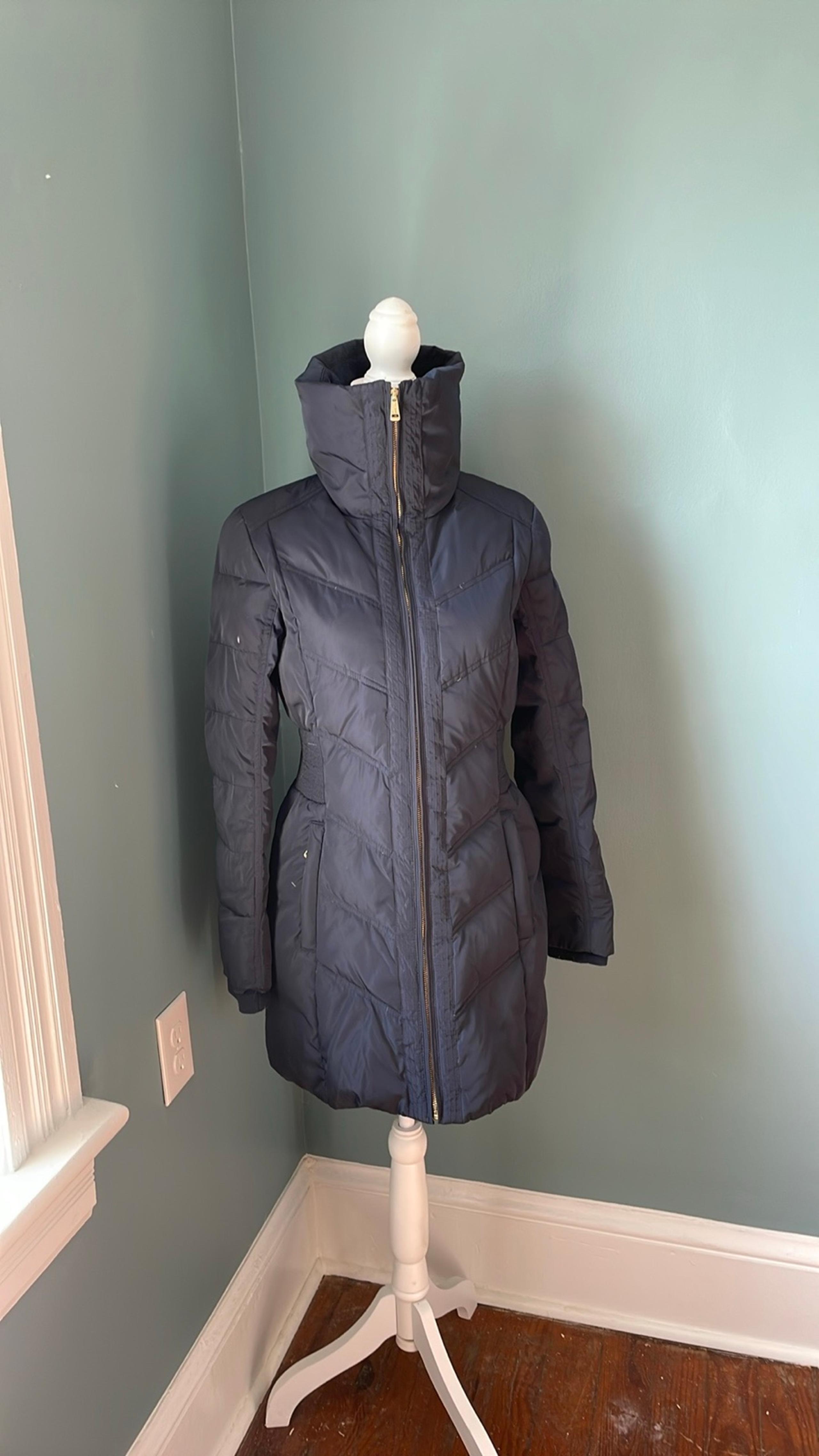 Cole Haan navy blue down puffer coat small long neck warmer warm jacket