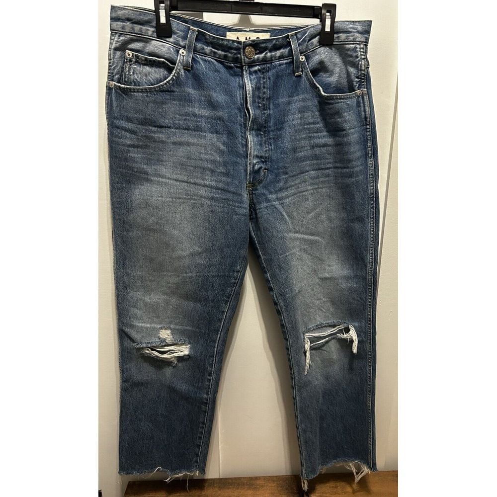 AMO DENIM Loverboy Wanderer Jeans 32 High Rise Raw Hem Button Fly 100% Cotton