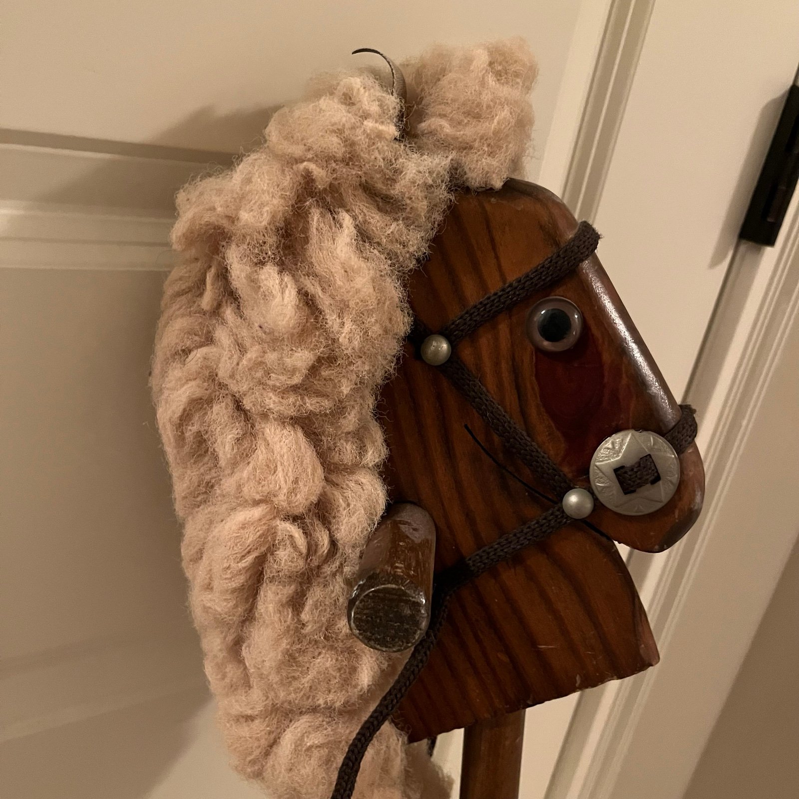 Vintage 70s wooden rocking riding horse on a stick detailed klapat textiles EUC