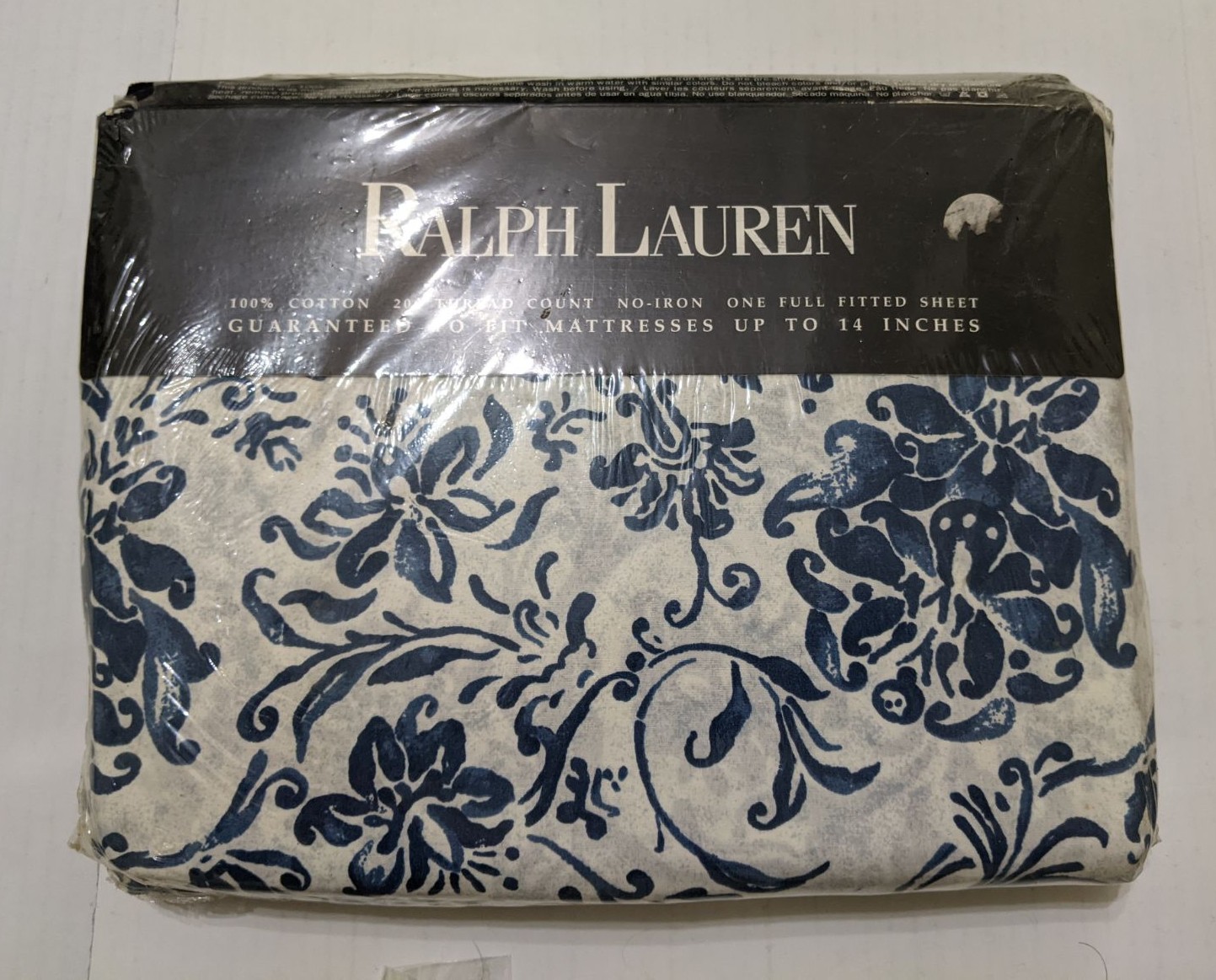 Vintage Ralph Lauren Orleon floral blue 100% cotton full size Fitted Sheet.