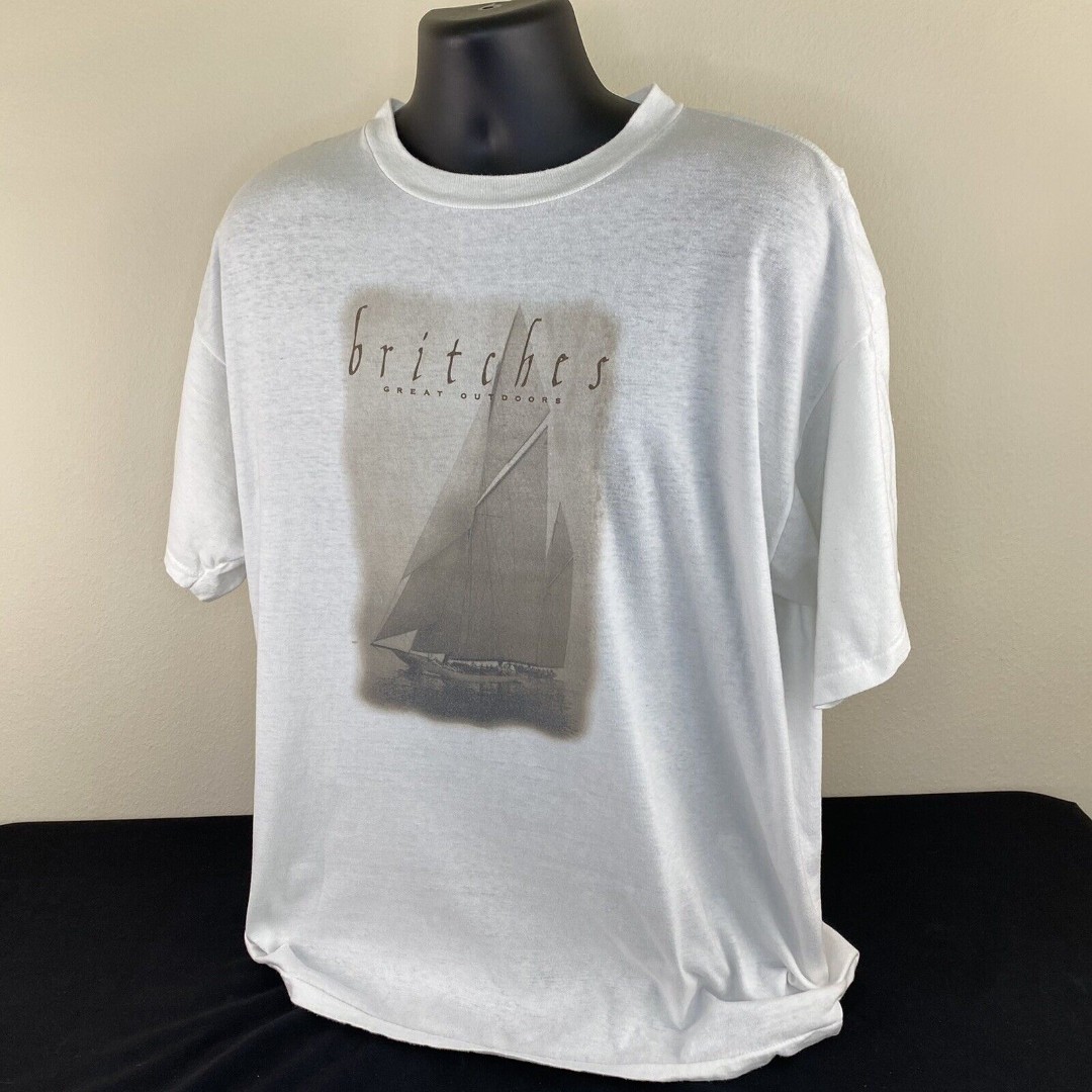 Vintage Men’s Boat Graphic T Shirt Britches Great Outdoors Size XL Single Stitch