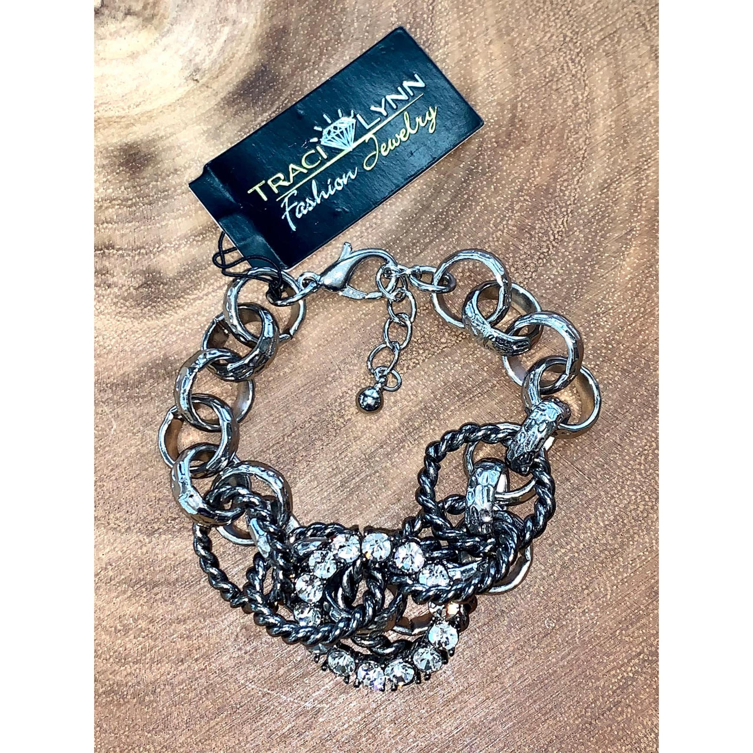 Traci Lynn Hammered Silver Tone Interlocking Crystal Rings Bracelet NWT