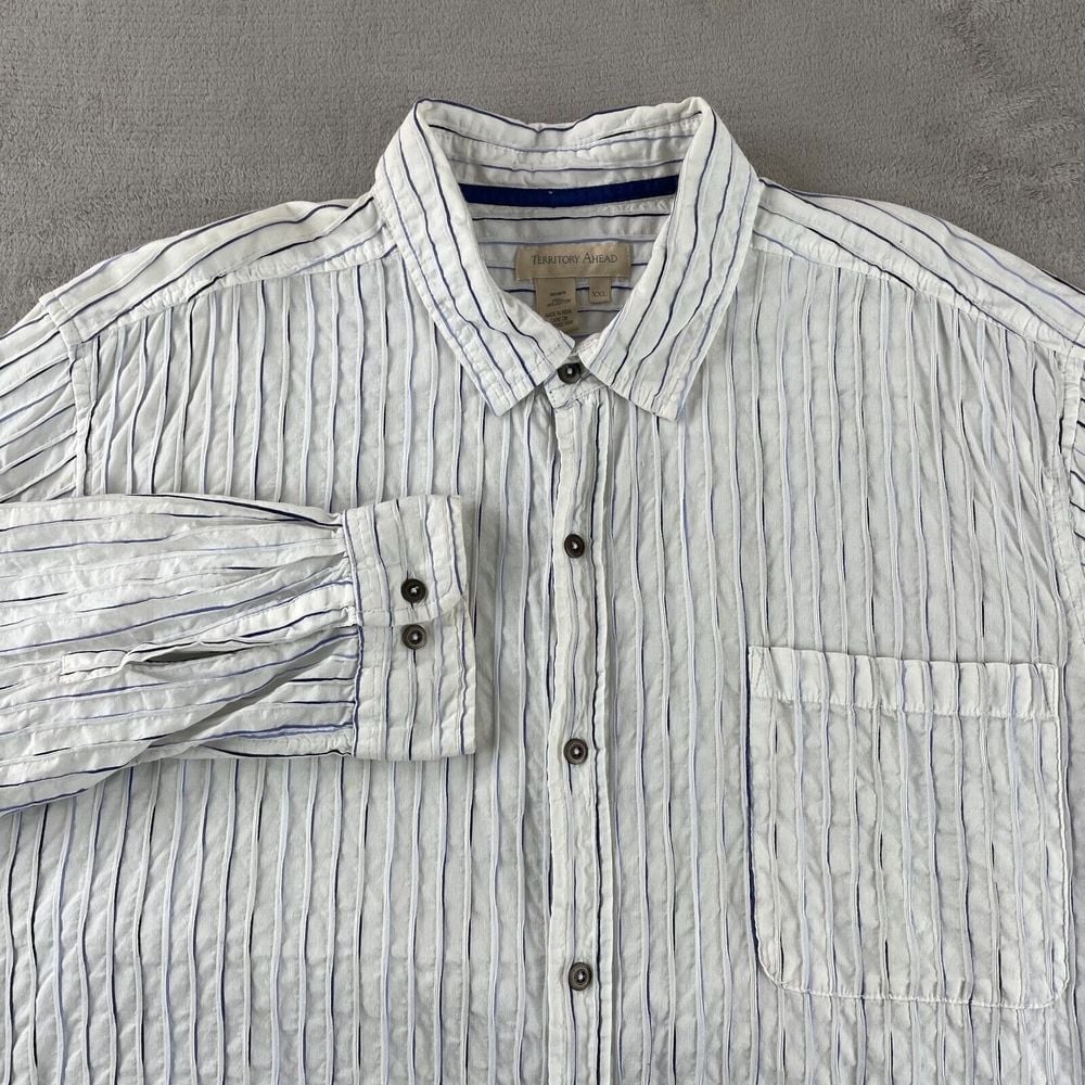 Territory Ahead Textured Shirt Men 2XL White Blue Striped Long Sleeve Pocket