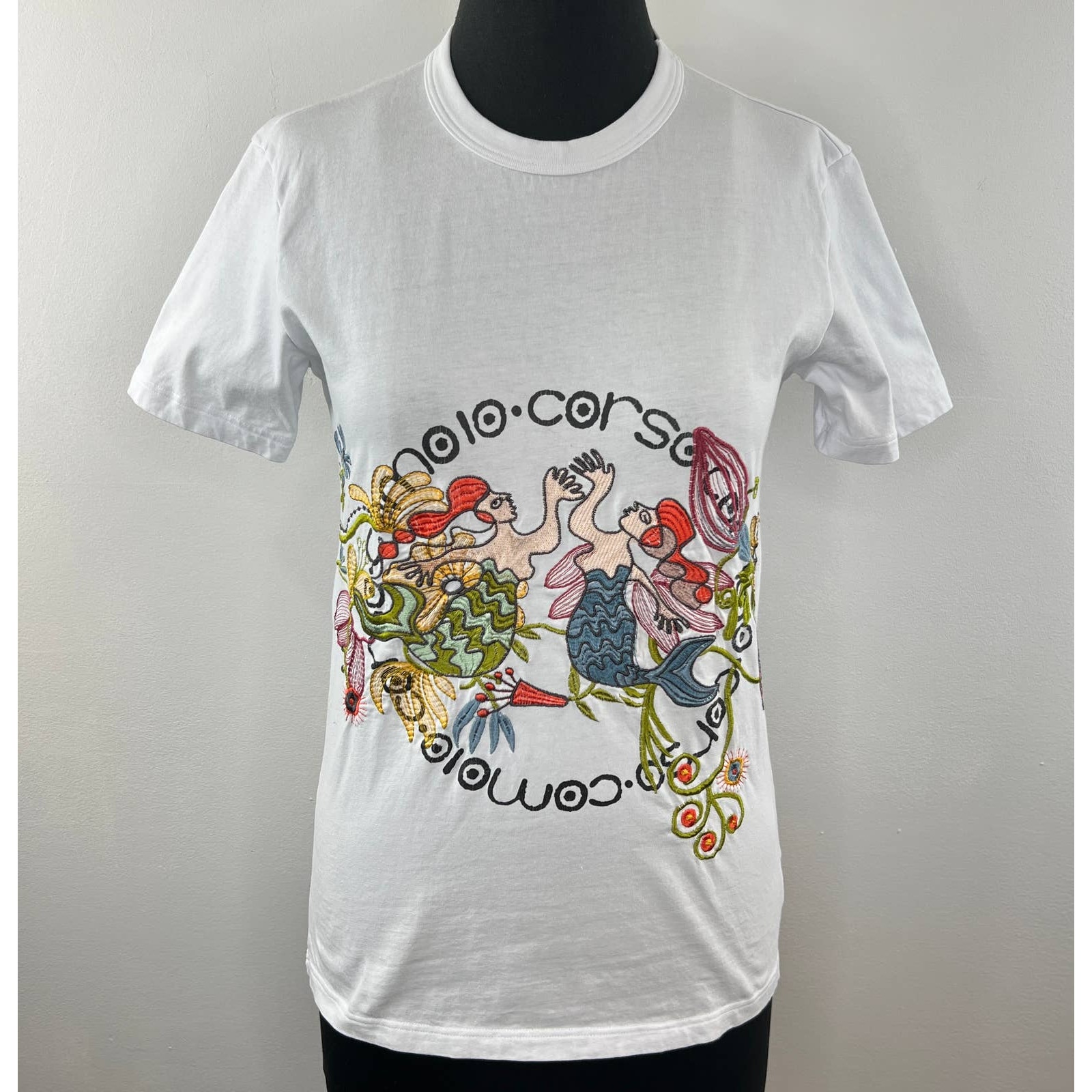 10 Corso Como Italy White 100% Cotton Embroidered Floral Mermaids Tee New York M