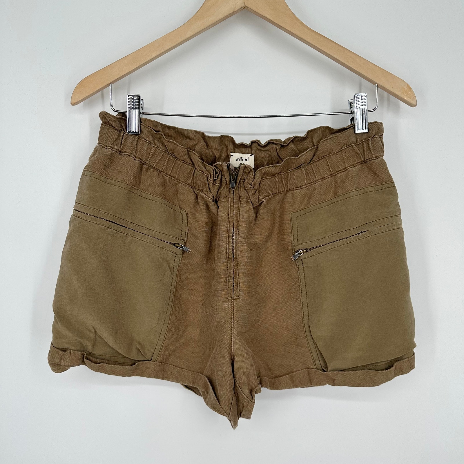 Aritzia Wilfred Linen Blend Paper Bag Zip Pocket Cargo Shorts, Khaki