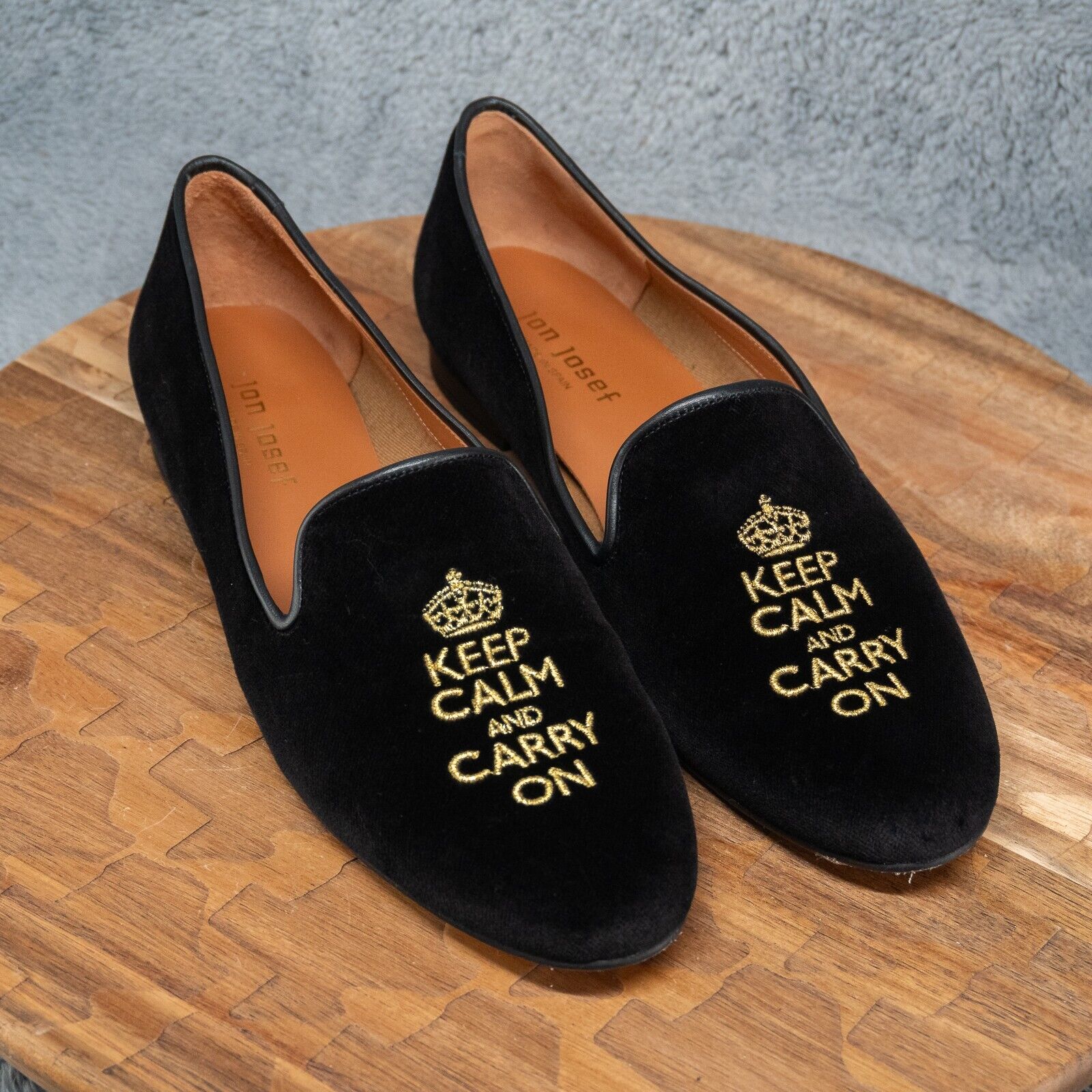Anthropologie Jon Josef G-Keep Calm Carry On Black Velvet Loafers Women Size 9