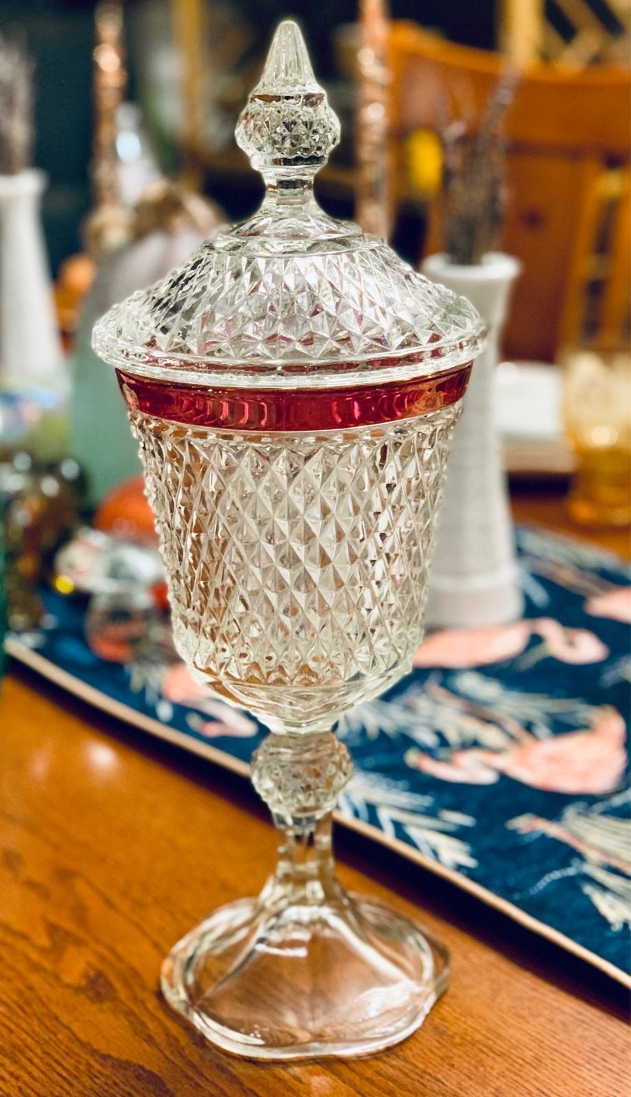 Vintage Diamond Point Chalice Ruby Band Crystal Indiana Glass lidded Jar