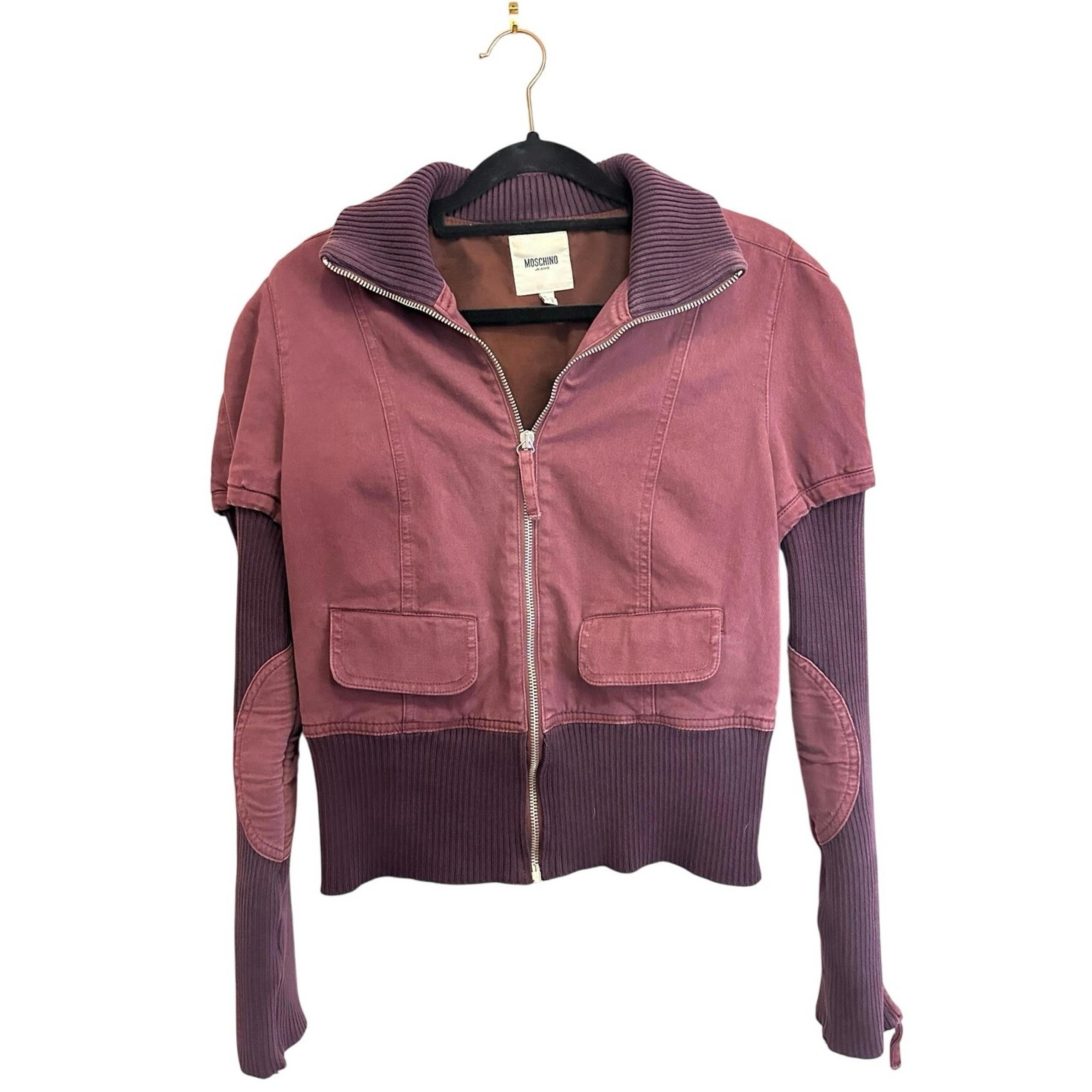 Moschino Jeans Maroon Denim Women's Ribbed Zip Up Embroidered Bomber Jacket 8