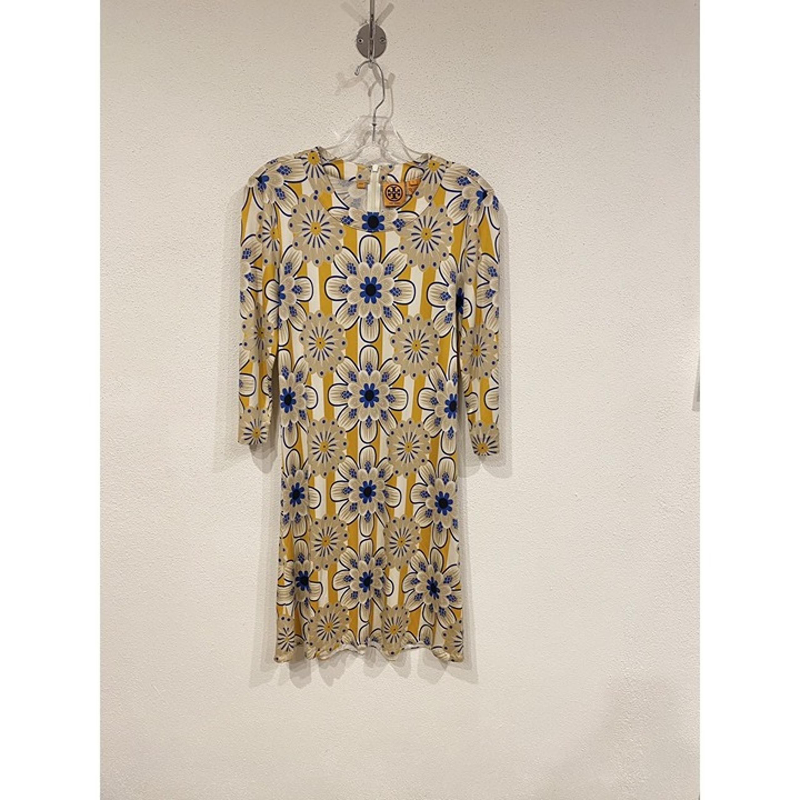 Tory Burch Dress Womens Size 6 Yellow Blue Floral Print Silk 3/4 Sleeve Mod