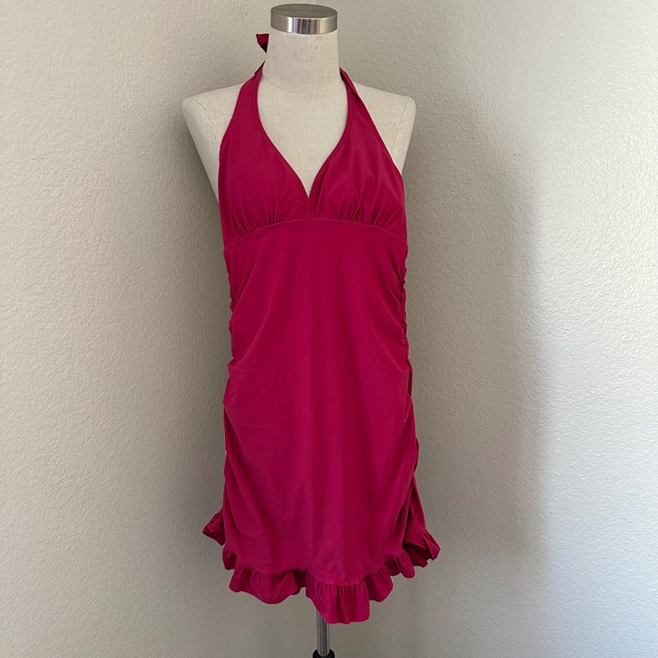 Assets Swimsuit Dress Halter Padded Ruffle Slimming Ruched V Plunge Pink M
