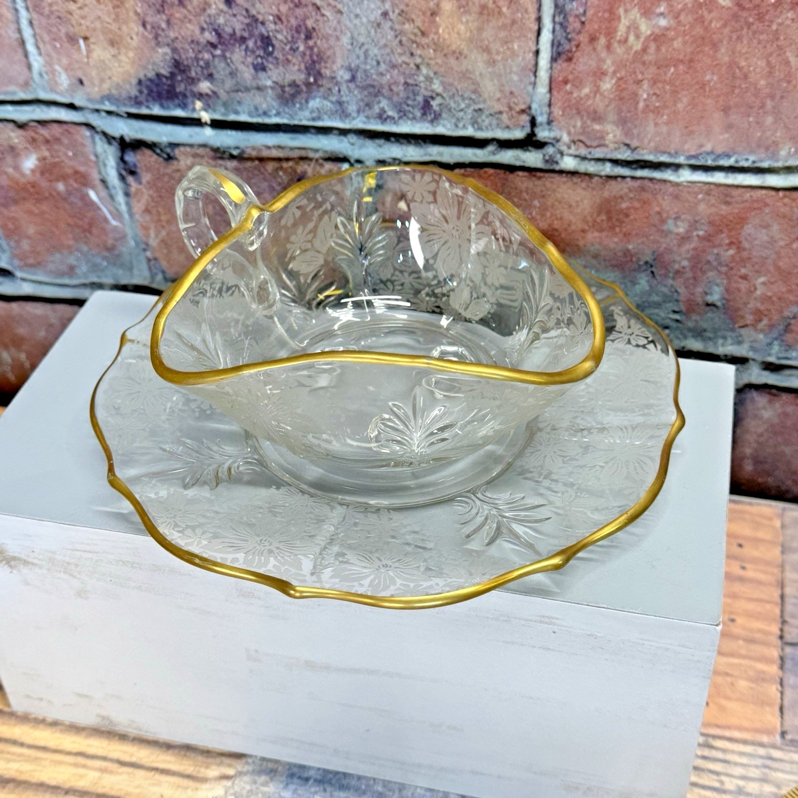 Vintage Fostoria Glass Gold Lace Baroque Nappy Bowl w Handle & Dessert Plate