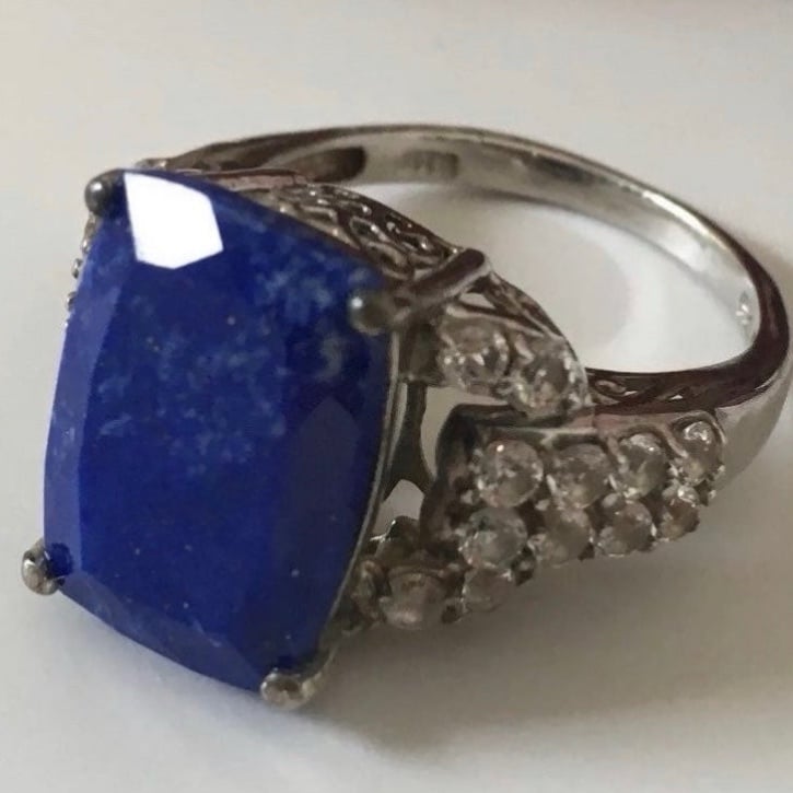 NATURAL LAPIS LAZULI AND WHITE TOPAZ SOLID STERLING SILVER RING SIZE 7