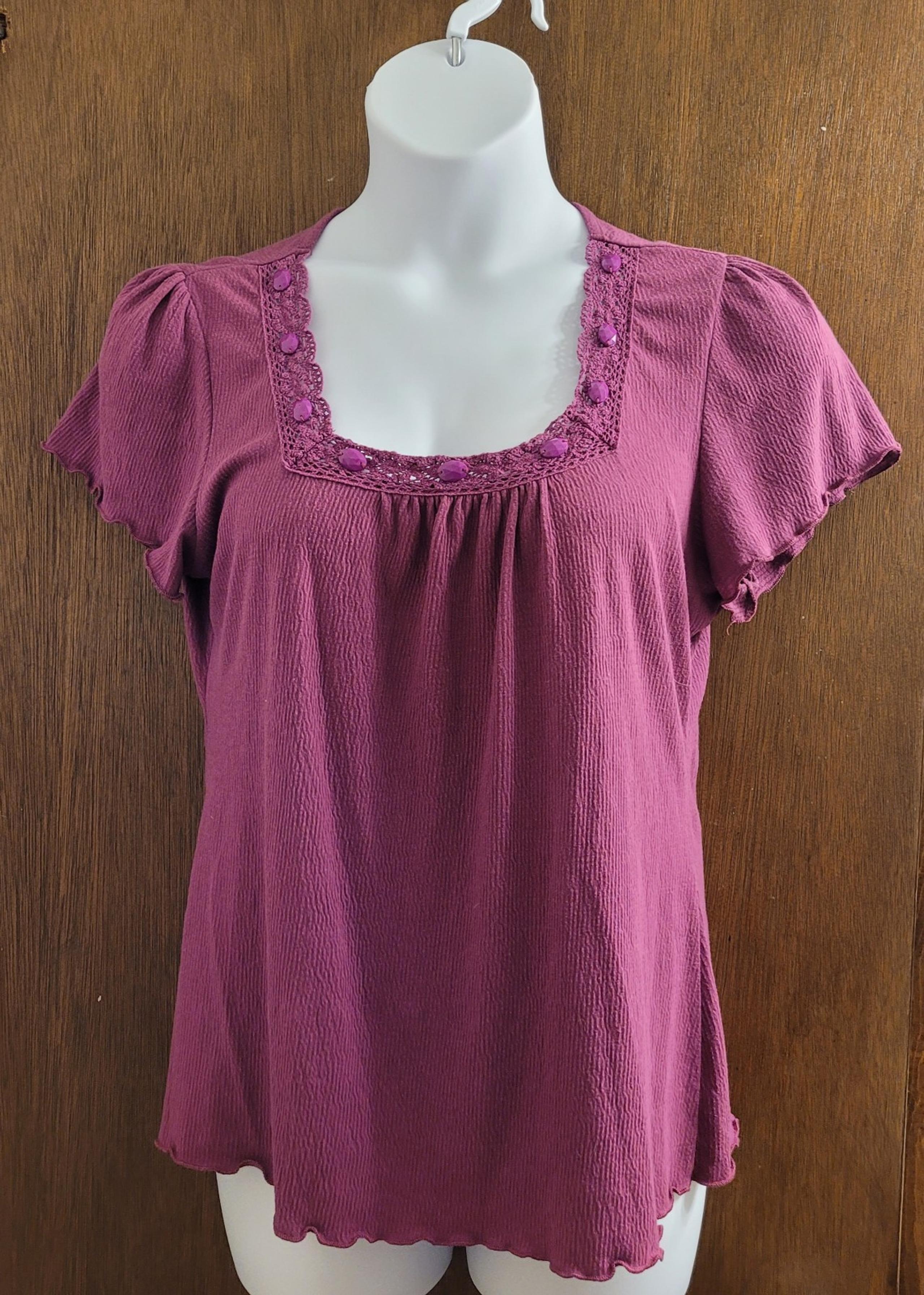 Anxiety Womens Shirt Top Crochet Accents Purple Size Large Short Sleeve Gauzy